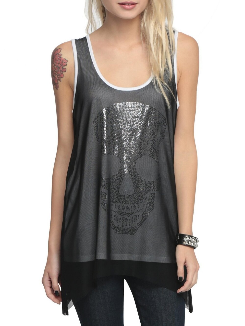 Hot Topic Layered Mesh Sequin Skull Tank Top